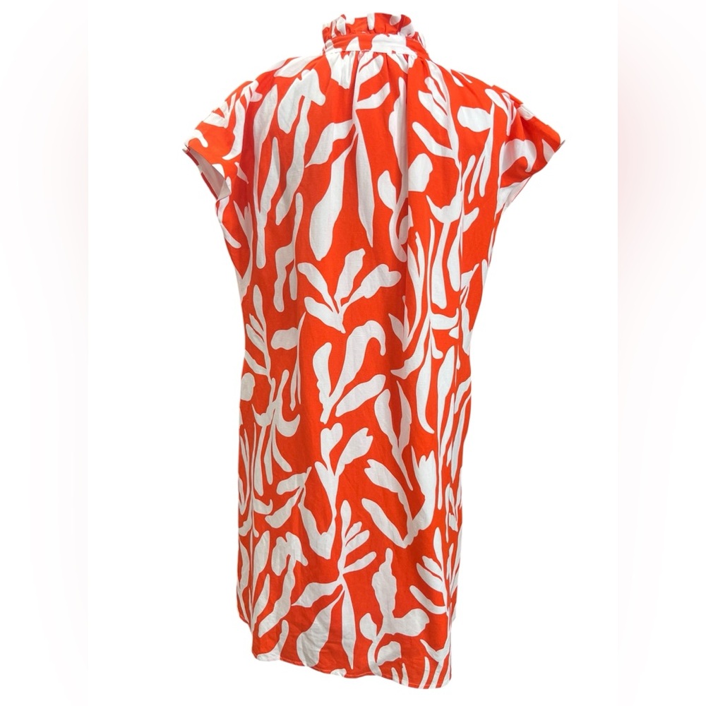 THML Orange White Botanical Print Ruffle Neck Mini Dress Linen Blend M - Picture 3 of 10